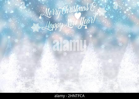 Carte de vœux abstraite festive élégante et bleue étincelante avec arbres de noël, étoiles et texte « joyeux Noël et nouvel an » illuminé par un bokeh.Beauti Banque D'Images