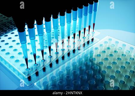 Pipettes multicanaux et plaques multi-puits utilisées en laboratoire de microbiologie. Illustration tridimensionnelle. Banque D'Images