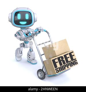 Robot mignon bleu avec chariot à main Free Shipping concept 3D rendu illustration isolée sur fond blanc Banque D'Images