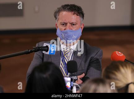 Nations Unies, New York, États-Unis, le 17 février 2022 - Sergiy Kyslytsya, Représentant permanent de l'Ukraine auprès des Nations Unies, fait rapport aux journalistes à la suite de la réunion du Conseil de sécurité sur la situation en Ukraine aujourd'hui au siège de l'ONU à New York. Photo: Crédit PHOTO Luiz Rampelotto/EuropaNewswire OBLIGATOIRE. Banque D'Images