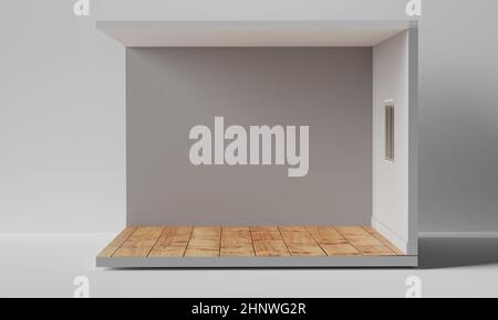 Intérieur de chambre vide avec parquet et fenêtre sur fond blanc. 3D rendu Banque D'Images