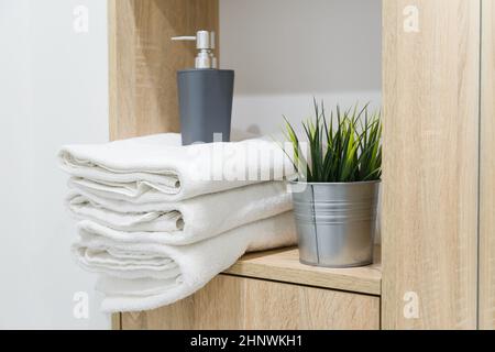 Distributeurs de savon, serviettes propres blanches maison artificielle en métal pot décoratif sur étagère en bois dans la salle de bains.Détails intérieurs Banque D'Images