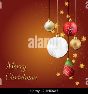 Bannière avec guirlande et décorations pour arbres de Noël. Boules d'or, blanches, rouges et flocons de neige tombant. Modèle pour prospectus, affiches, pour social ne Banque D'Images