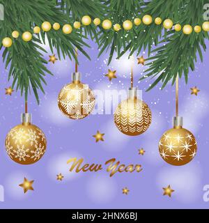 Fond de Noël festif avec branches d'arbre de Noël, décorations de Noël et guirlande - illustration Banque D'Images