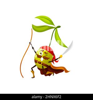 Personnage de pirate d'olive animé Happy vector fruit marin corsair attaque avec sabre accroché à la corde. Une aventure de légumes souriante à buccaneer. Isolé fr Illustration de Vecteur