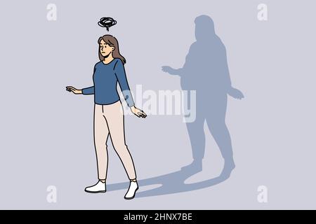 Surpoids et la figure humaine concept.Jeune femme ajustée debout pensant qu'elle est en surpoids avec ombre à la graisse à l'arrière-plan illustration vectorielle Banque D'Images