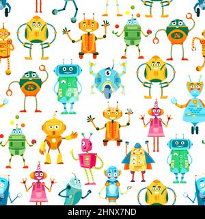 Robots de dessin animé et droids motif sans couture. Papier peint ou imprimé en tissu, modèle de couverture ou fond vectoriel avec des personnages robots drôles, mignon Illustration de Vecteur