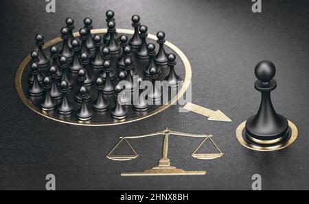 illustration 3d de nombreux pions sur fond doré et noir représentant une action de classe ou un concept de recours collectif. Banque D'Images
