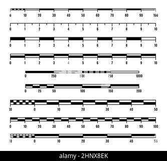 Les lignes d'échelle et les règles de la carte pour la mesure de distance en miles et en kilomètres. Mètre à ruban avec balances métriques et impériales. Taille et distance indica Illustration de Vecteur