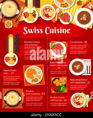 Menu de cuisine suisse plats, déjeuner et dîner, Vector. Cuisine suisse restaurant nourriture raclette fromage avec pommes de terre et cornichons, fondue avec c Illustration de Vecteur