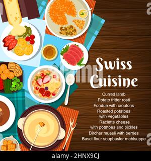 Couverture du menu de cuisine suisse, plats et repas suisses, Vector. Restaurant suisse traditionnel cuisine d'agneau fumé, fromage raclette avec pommes de terre et Illustration de Vecteur