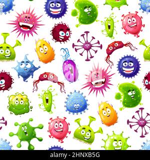 Cartoon virus, microbes, germes et bactéries vecteur schéma sans couture. Des microbes heureux fond avec de mignons personnages de monstre microscopique de microorga Illustration de Vecteur