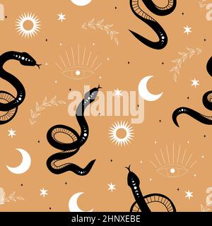 Motif sans couture avec serpent magique boho et lune. Symbole mystique dans un style minimaliste tendance. Illustration du vecteur ésotérique. Bohémien dessiné à la main Illustration de Vecteur