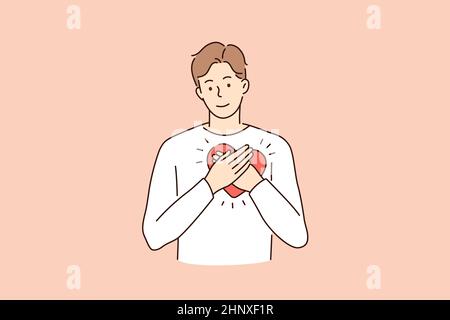 Tendresse d'amour et concept de soin.Jeune homme souriant personnage de dessin animé debout embrassant grand coeur rouge sur coeur place illustration vectorielle Banque D'Images