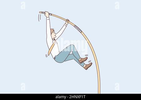 Défi commercial et concept de confiance.Jeune homme d'affaires souriant personnage de dessin animé saut avec bâton pour atteindre l'illustration de vecteur de but Banque D'Images