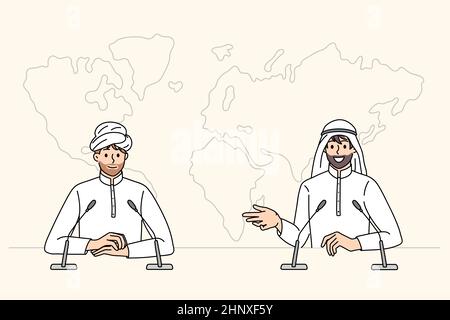 Conférence de presse sur le concept des hommes d'affaires arabes.Deux hommes de l'islam partenaires hommes d'affaires assis parlant ayant l'illustration du vecteur de conférence de presse Banque D'Images