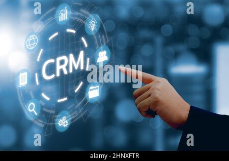 CRM logiciel système d'automatisation de la gestion de la relation client.concept de technologie d'entreprise sur écran virtuel. Banque D'Images