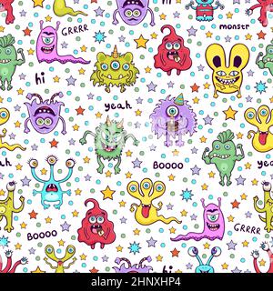 Joli motif monstre sans couture, imprimé personnages de dessin animé amusant, tissu, motif textile. Joyeuse et colorée, diverses créatures féeriques sur fond blanc wi Illustration de Vecteur