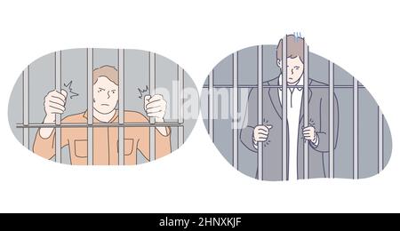 Prison, prison, concept d'arrestation. Jeune en colère malheureux déprimé hommes personnage de bande dessinée debout dans la cellule de prison et essayant de sortir et de sentir la liberté. Illustration des prisonniers, de l'emprisonnement et de la peine Illustration de Vecteur