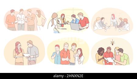 Travail d'équipe, communication, brainstorming dans le concept de bureau. Les partenaires d'affaires discutent de projets professionnels, font des brainstorming, font des présentations et ressentent le succès ensemble Illustration de Vecteur