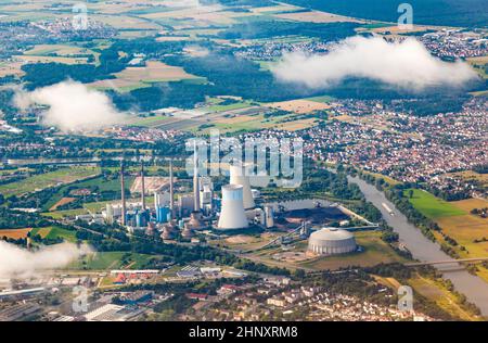 Vue aérienne de Grosskrotzenburg power station, rivière principale, l'Allemagne, Hesse Banque D'Images