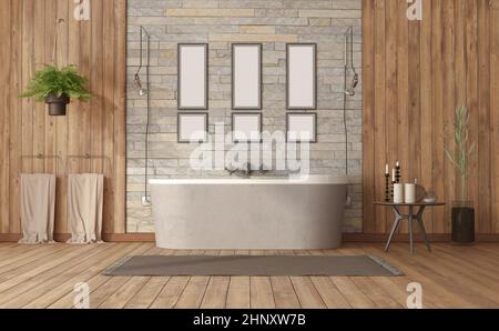 Salle de bains élégante avec baignoire contre mur en pierre, table latérale et panneau en bois - rendu 3d Banque D'Images