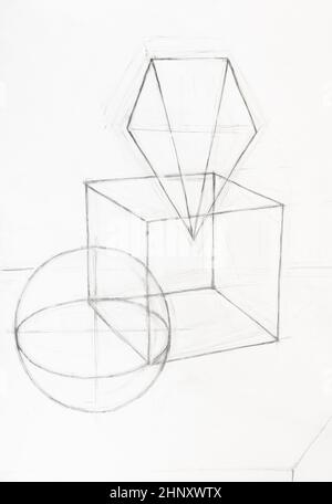 dessin de composition avec boule, cube et pyramide dessiné à la main au crayon sur papier blanc Banque D'Images