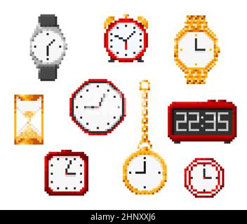 Pixel Hourglass, montre et réveil pixel art 8bit icônes de jeu. Accessoires de temps vectoriel, ensemble d'éléments pixelisés. Chronomètre, montre-bracelet, sa Illustration de Vecteur