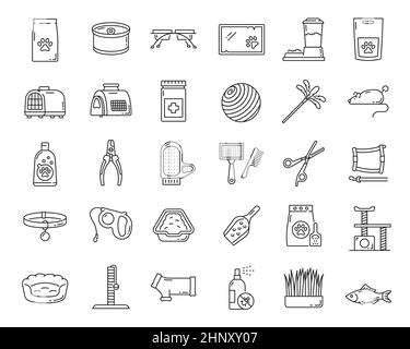 Icônes des soins pour animaux de compagnie de chat et de chaton. Outils de toilettage domestique , santé vétérinaire chat ou chien, nourriture en conserve et jouets vecteur ligne mince pictogramme. Illustration de Vecteur