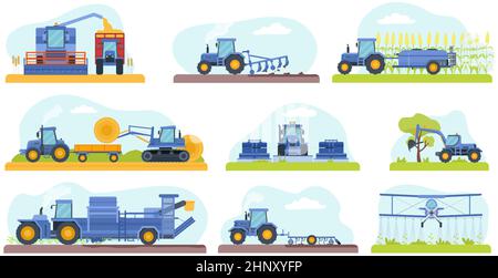 Les machines agricoles travaillent sur le terrain, creusent le sol, l'eau et la récolte. Moissonneuses-batteuses pour récolte de céréales et de maïs. Ensemble de vecteurs d'équipement agricole plat. Pulvérisation Illustration de Vecteur