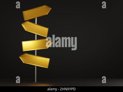 Golden signez les directions des panneaux de route vierges quatre flèches pointant différentes directions choix sur fond noir, rue et signalisation routière icône de circulation, 3D r Banque D'Images