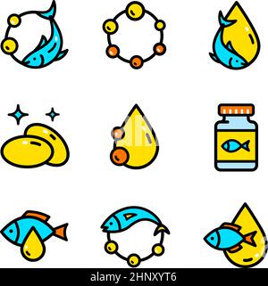Ensemble d'icônes d'huile de poisson isolées sur fond blanc. Collection de panneaux vectoriels colorés à l'huile de poisson. Modèle de vitamine omega 3. Gouttes et silhouette de poisson. Plat Illustration de Vecteur