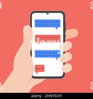 Main tenant un téléphone portable noir avec des bulles de chat rouge bleu sur l'écran isolé sur l'arrière-plan Illustration de Vecteur