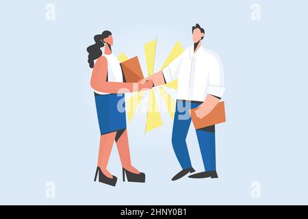 Les personnes diverses se bousculer lors d'une entrevue de travail au bureau. Homme femme poignée de main conclusion de l'accord après une réunion réussie. Banque D'Images