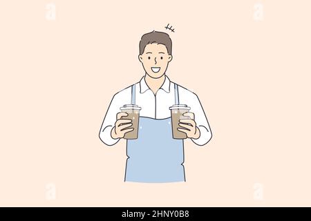 Travailler comme barista dans le concept de cafétéria. Jeune homme souriant Barista personnage de dessin animé portant un tablier debout tenant des tasses avec le vecteur de boisson de café illu Banque D'Images