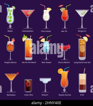 Cocktails alcoolisés, pina colada, martini, margarita et tequila. Boissons tropicales à plat et boissons dans des verres. Ensemble de cocktails classiques. Menu barre W Illustration de Vecteur