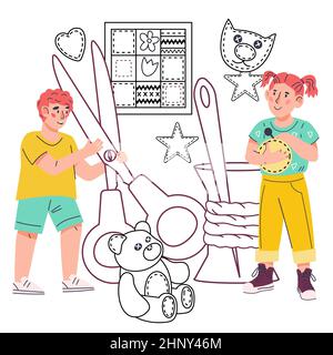 Bannière de leçon d'atelier de couture créative pour enfants avec des jouets de couture mignons pour enfants et un patchwork art, dessin animé plat vectoriel. Menuiserie et menuiserie Illustration de Vecteur
