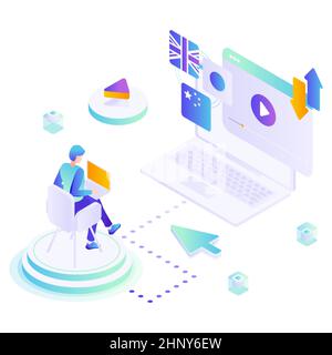 Homme étudiant le langage étranger, regardant la leçon vidéo, illustration isométrique vectorielle. Enseignement à distance, apprentissage en ligne Illustration de Vecteur
