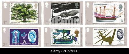 Une photo sans date du Royal Mail of Timbres, conçue par David Gentleman pour l'ensemble de six timbres qui rendent hommage au designer reconnu pour avoir changé le visage du motif britannique de timbres. C'est la première fois que Royal Mail consacre une édition entière à un concepteur de ses timbres commémoratifs. Date de publication : vendredi 18 février 2022. Banque D'Images