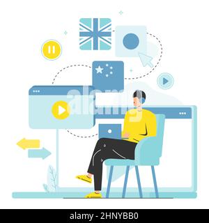 Étudiant étudiant étudiant étudiant des langues étrangères à l'aide d'un traducteur multilingue en ligne, illustration vectorielle plate. Apprentissage des langues. Illustration de Vecteur