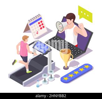 Homme courant sur un tapis roulant, entraînement avec entraîneur personnel, illustration isométrique vectorielle. Fitness en ligne, entraînement à domicile. Illustration de Vecteur