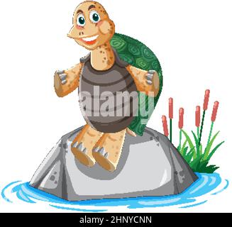 Tortue avec coquille verte assise sur une illustration de roche Illustration de Vecteur