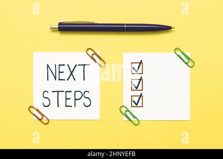 Texte montrant l'inspiration prochaines étapes, photo conceptuelle chiffre du processus qui va être fait après la planification de la pensée critique trouver des indices an Banque D'Images