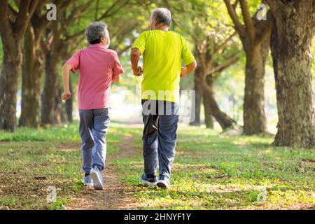 Vue arrière d'un couple Senior dans un masque facial et jogging dans le parc Banque D'Images