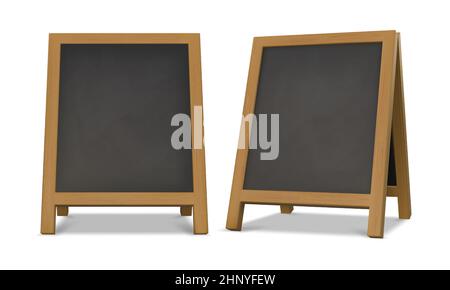 Menu de craie extérieur, support de tableau noir avec cadre en bois. Chevalet de table réaliste pour un café ou un restaurant. Jeu de vecteurs de panneau publicitaire de rue de vide f Illustration de Vecteur