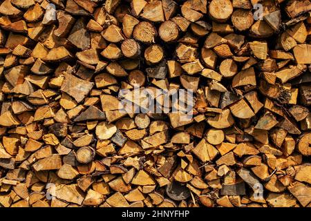 Soleil sur la pile de bois de chauffage. Banque D'Images