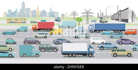 Autoroute avec camion et voiture de tourisme, illustration Illustration de Vecteur