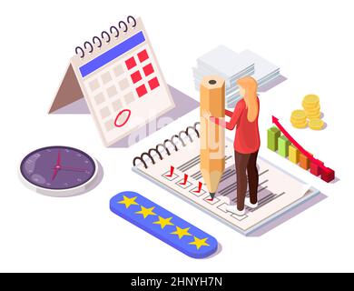 Femme marquant la liste de contrôle, les tâches comme terminées, illustration isométrique vectorielle. Productivité, ponctualité, gestion des tâches. Illustration de Vecteur