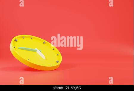 Icône horloge de bureau. Montres jaunes d'affaires rondes avec flèches de temps heures et minutes, cadran d'horloge sur fond rouge, élément de conception pour le web design, 3D RE Banque D'Images