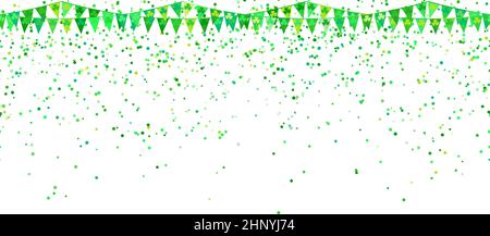 Saint Patrick. Arrière-plan abstrait avec guirlande de drapeaux avec symboles shamrock, confetti verts sur blanc. Décor irlandais pour carte de vœux, affiche A. Illustration de Vecteur